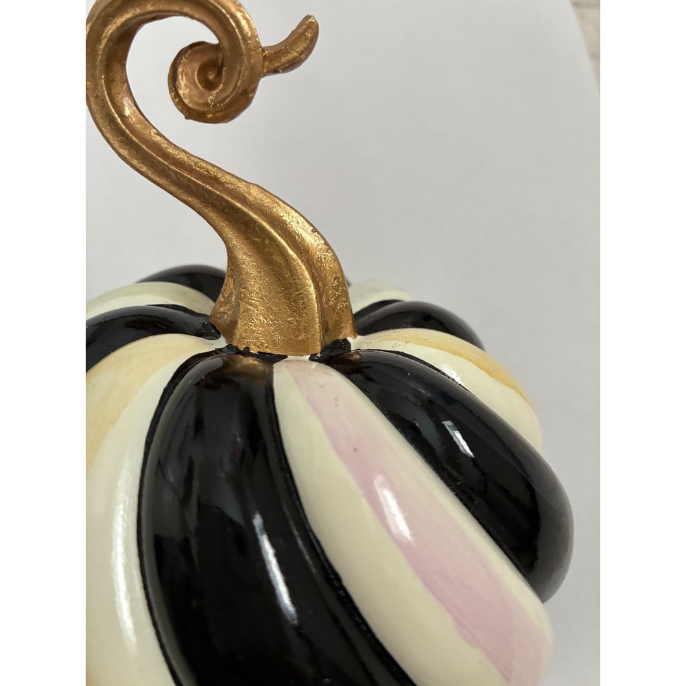 MacKenzie-Childs Black White Striped Pumpkin Gold Stem Resin Decor 5 Inch - Picture 2 of 5